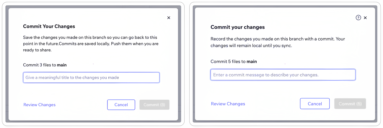 Before and after of the commit changes modal