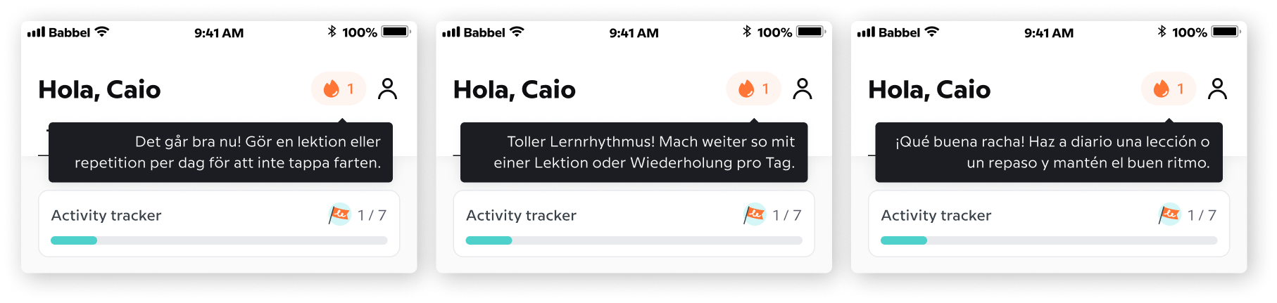 The streak message in Swedish, German and European Spanish