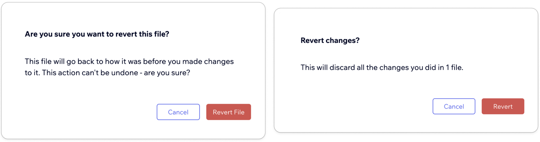 Before and after of the revert changes dialog